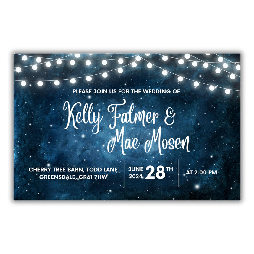 Wedding invitation front: Starry night sky and strings of lights, the couples names and event details in white text.