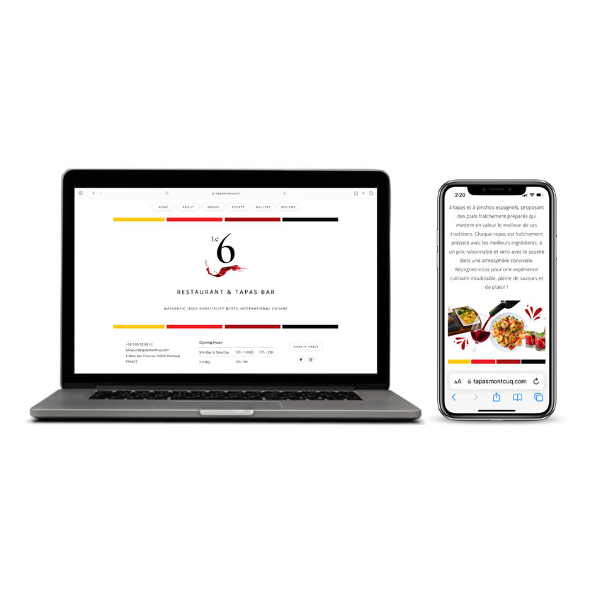 Laptop and iPhone mockup of Restaurant Le 6 website using red and yellow colour palette.
