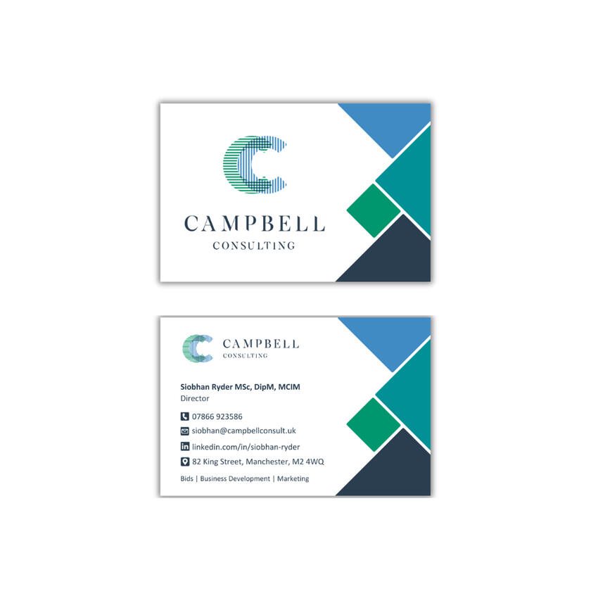 Campbell Consulting business card with blue and green design and logo